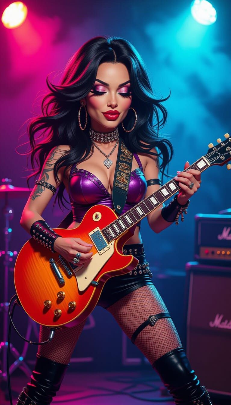 Sensual Heavy Metal Musician with Psychedelic Guitar