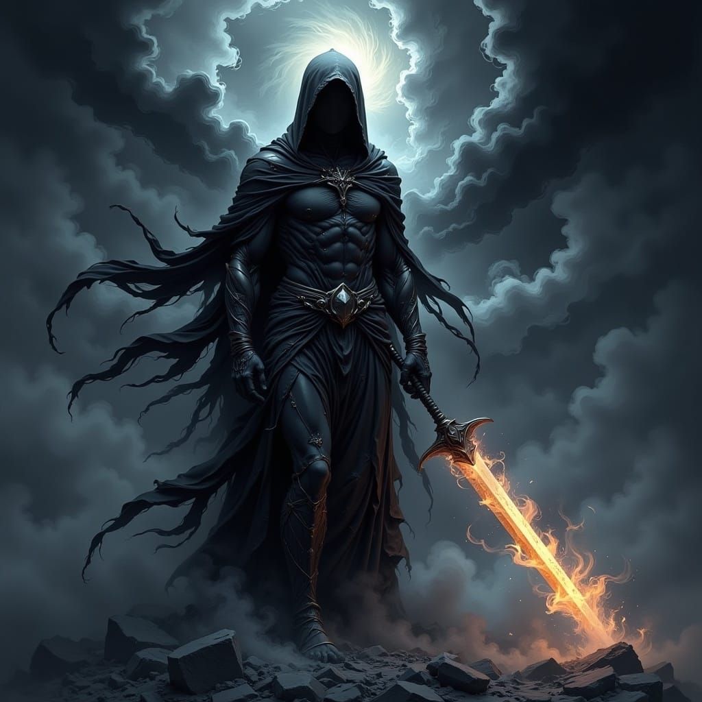 Celestial Warrior Emerges from Shadows with Luminous Sword