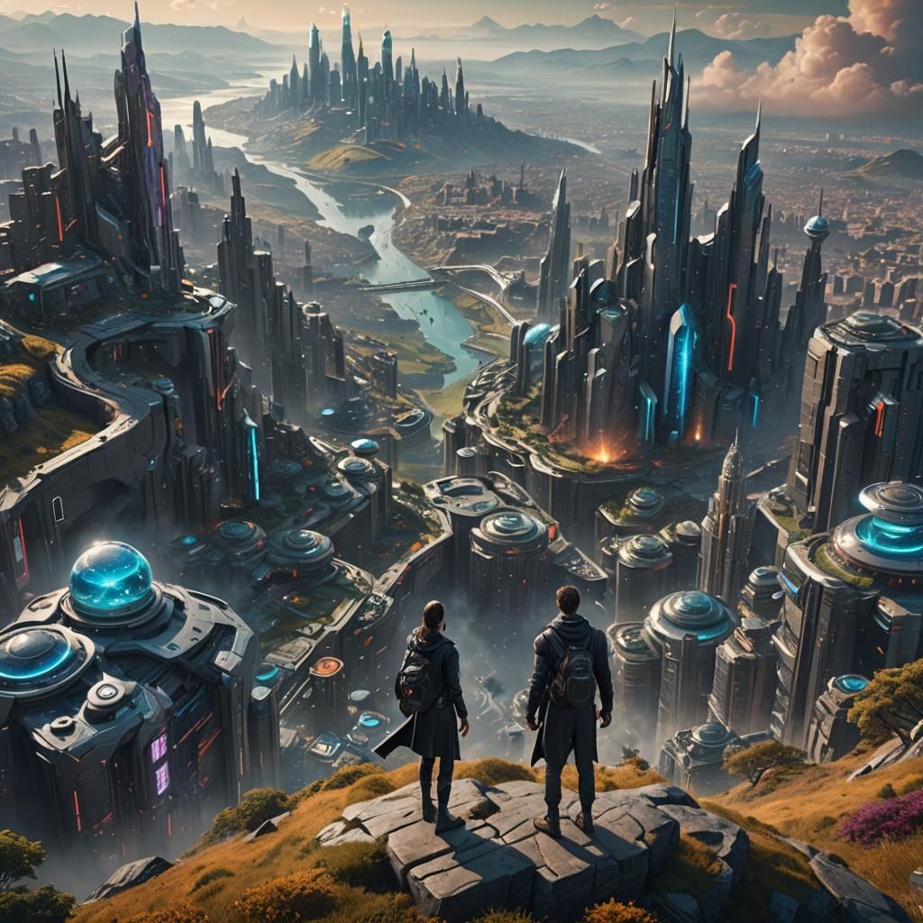 Futuristic City View from Hilltop: Fantasy Concept Art