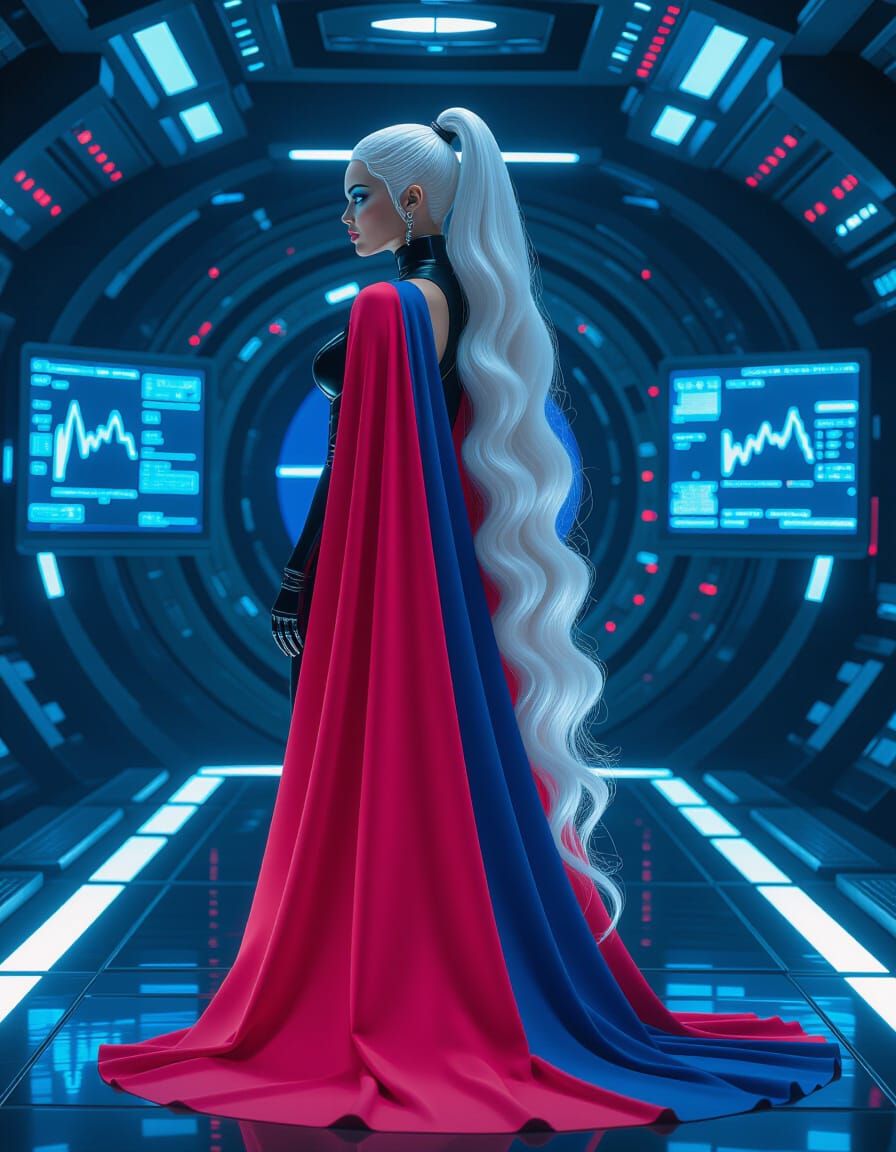 Cybernetic Woman on Starship Bridge in Cyberpunk Style