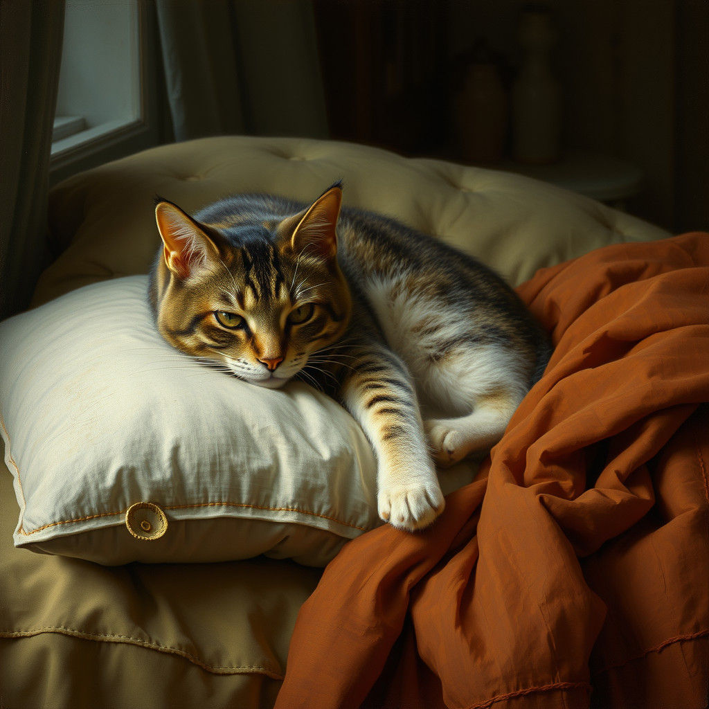Girl with Lamp-Eyed Cat Sleeping on Pillow