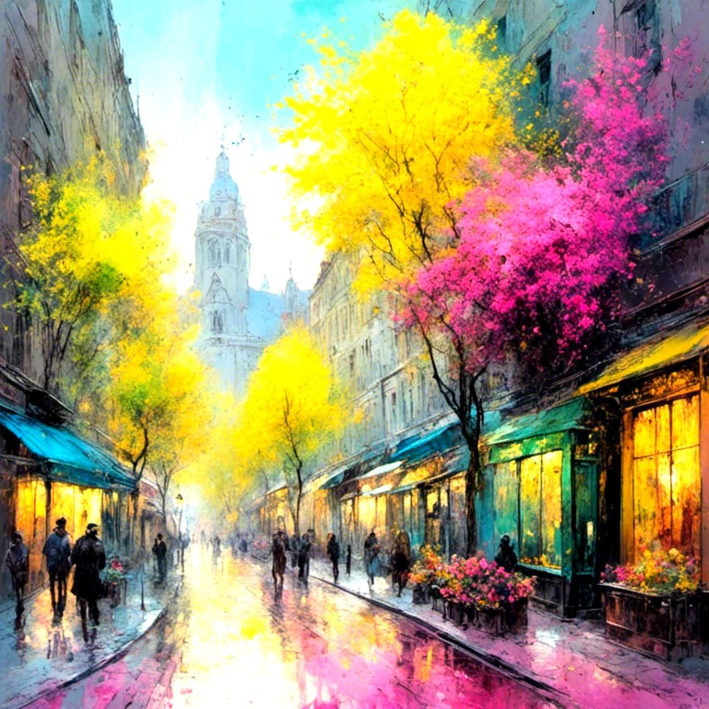 1980s London Street Scene in Romantic Pastel Oil