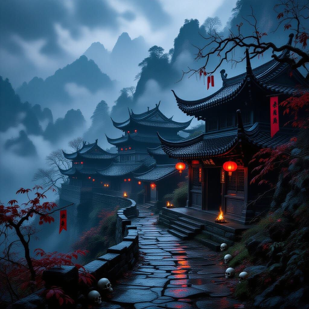 Atmospheric East Asian Temple Village on Mountainside at Nig...