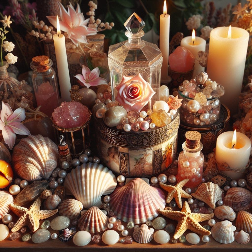 Aphrodite Altar with Seashells and Rose Quartz