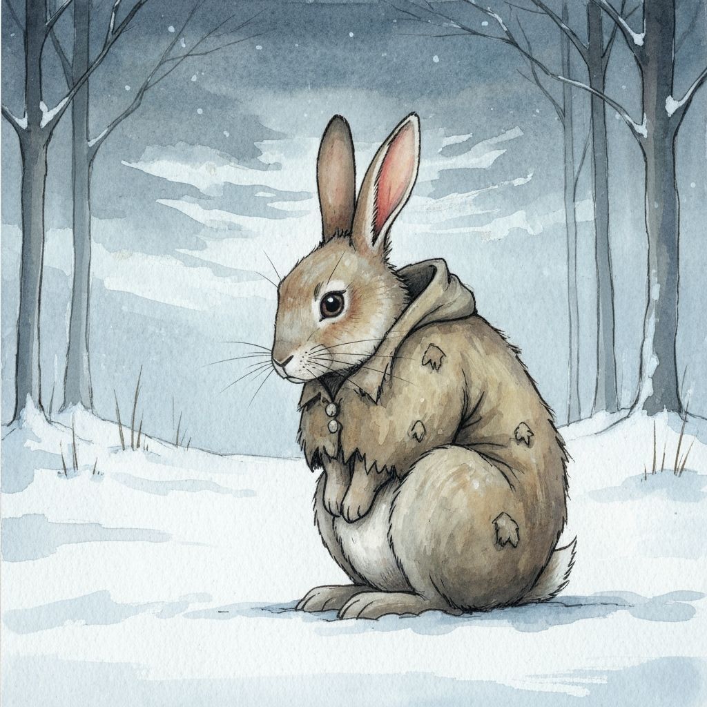 Rabbit in Winter Forest, Watercolour Painting