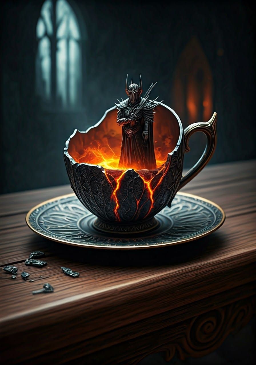 Miniature Sauron in Gothic Teacup: Digital Masterpiece