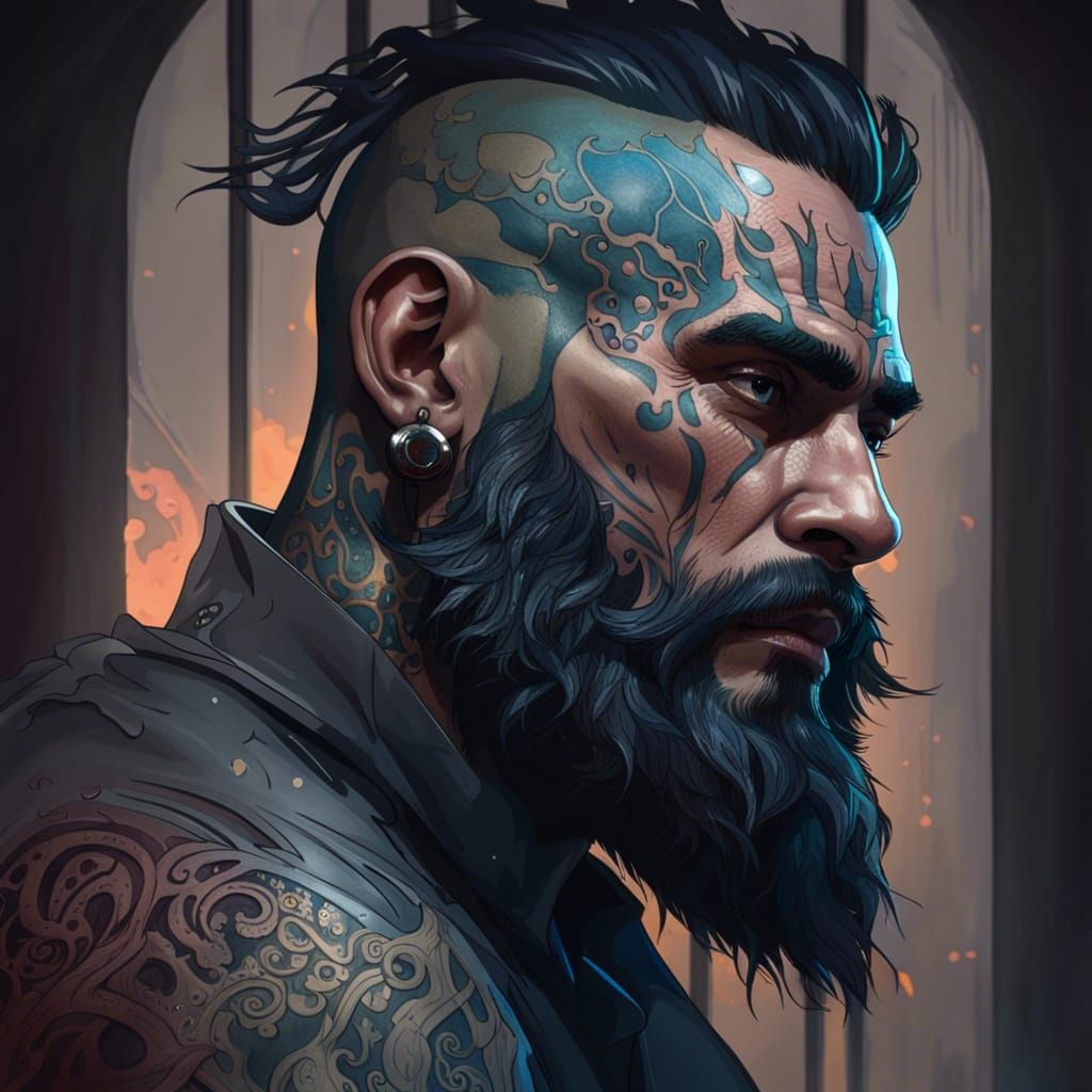 Detailed Portrait of Tattooed Man in Art Nouveau Style