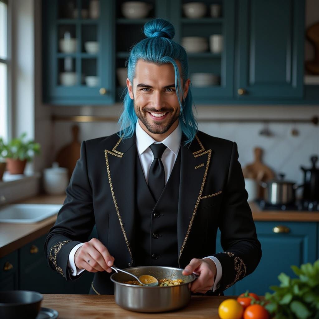 Man in Gothic Suit Makes Dinner in Dark Kitchen
