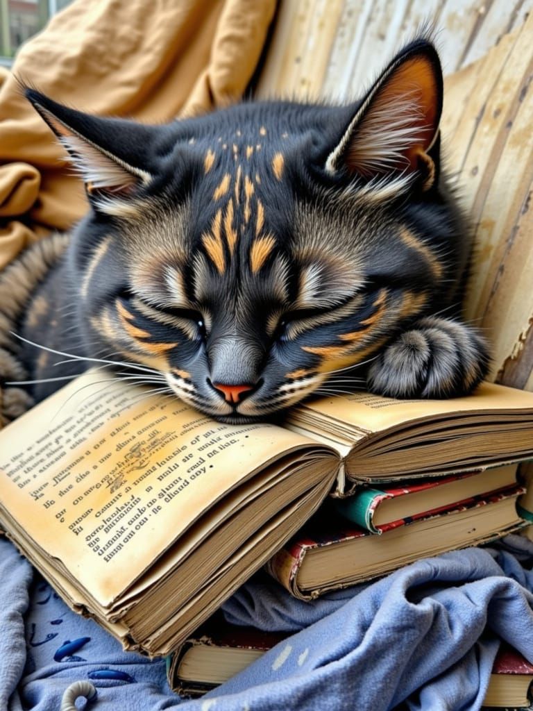 Whimsical Zentangle Cat Asleep on Books in Moonlight