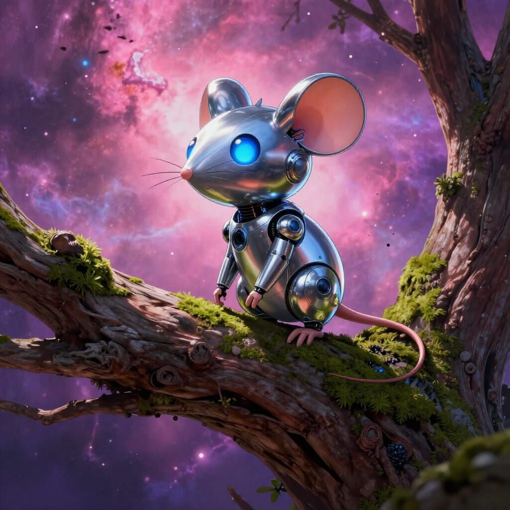 Futuristic Robot Mouse in Nebula, 3D Anime Style