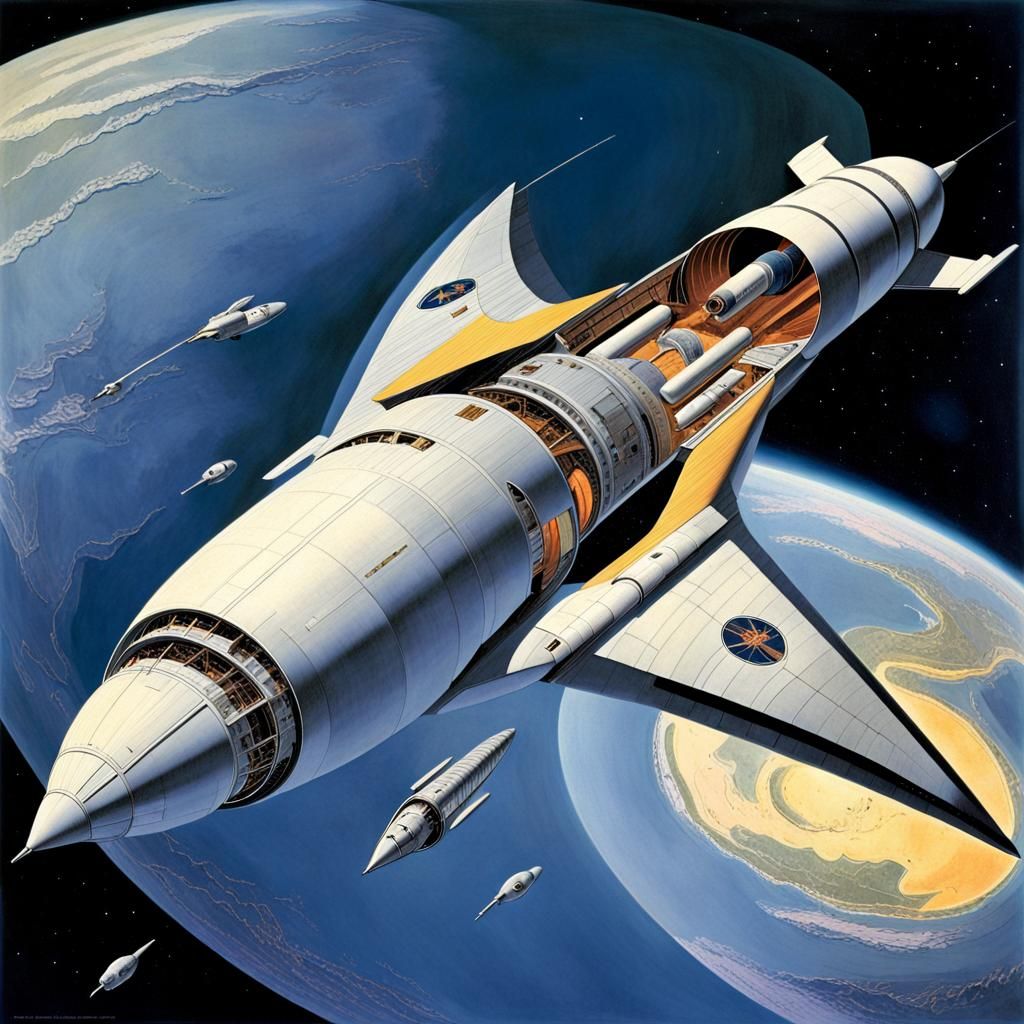 Cutaway illustration by Chesley Bonestell of the von Braun multi-stage spaceship from the mid-1950's.