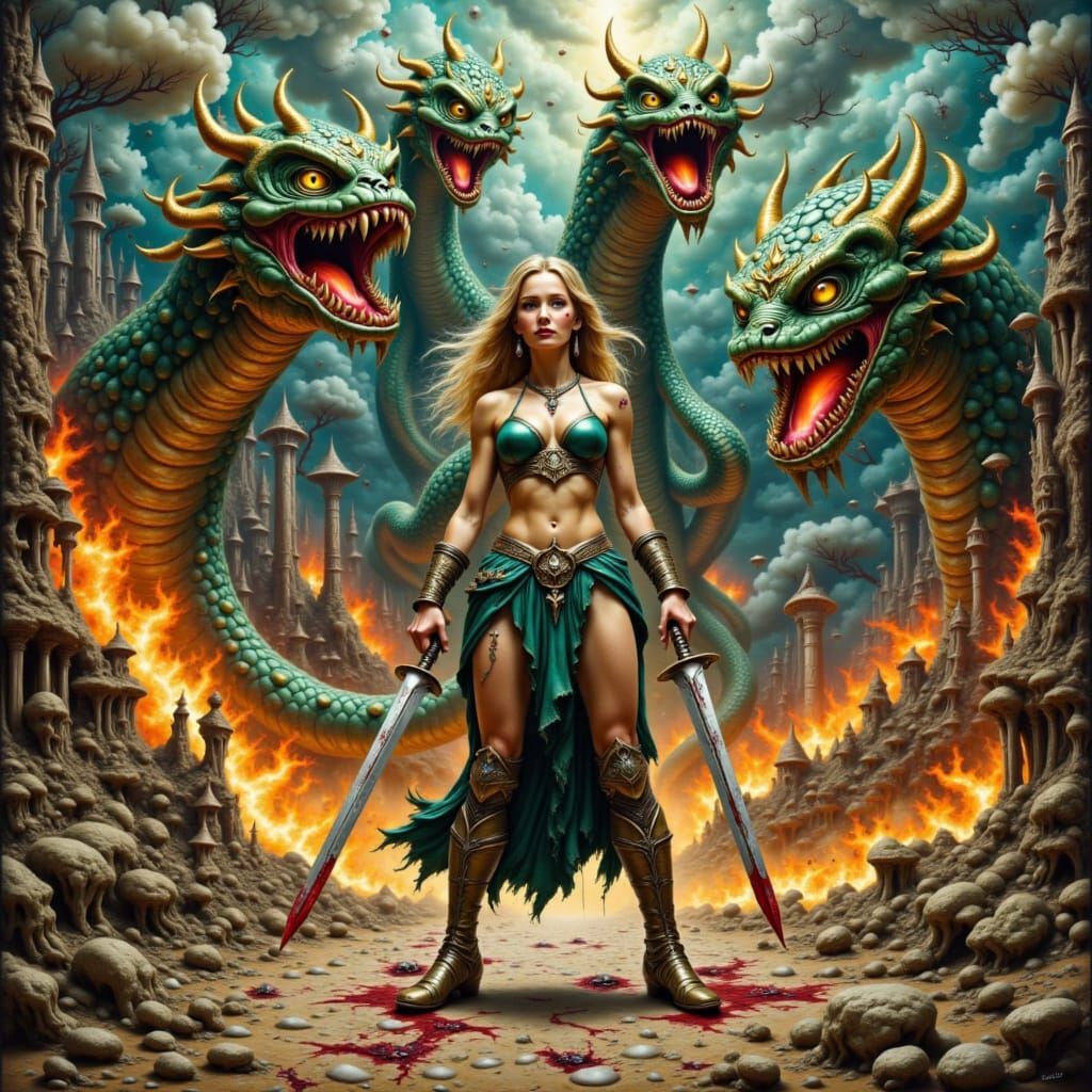 Warrior Queen Battles Hell Serpent in Fiery Landscape