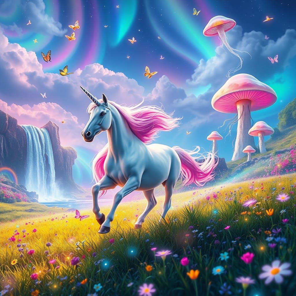 Luminous Unicorn in a Rainbow Fantasy Landscape