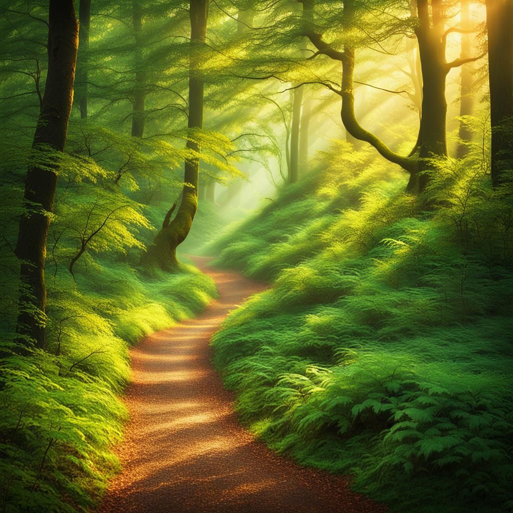 Lush Green Forest Path in Golden Light