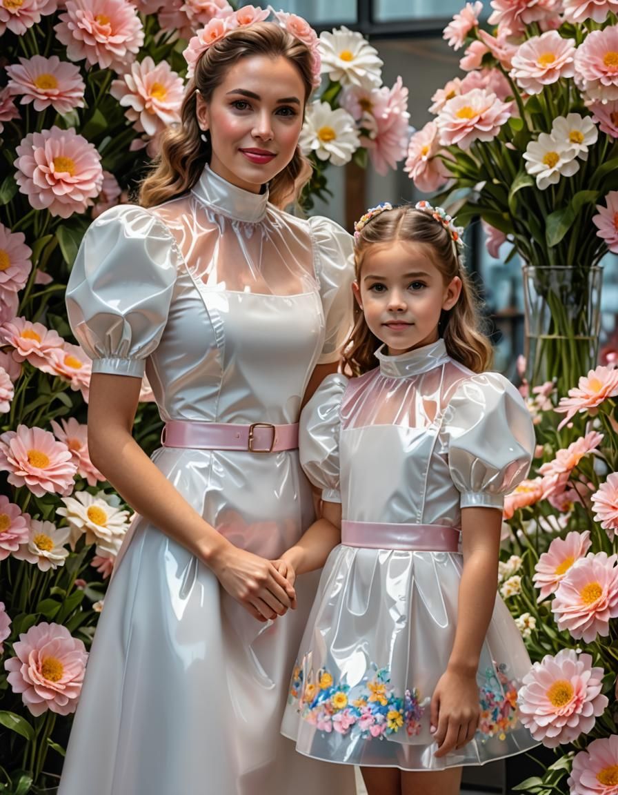 Mother and Daughter in Plastic Floral Dresses