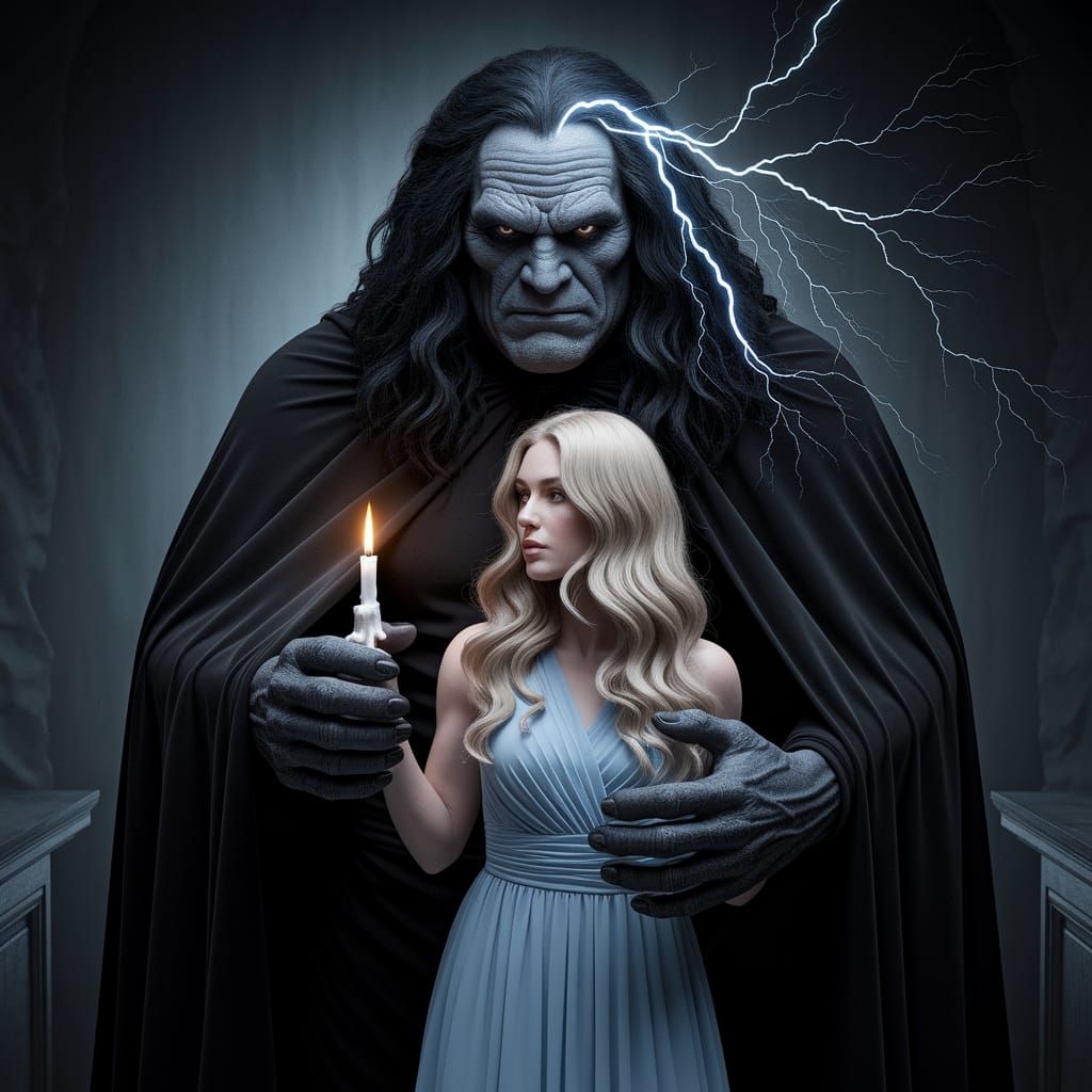 Menacing Giant Man in Black Cloak, Electric Blue Lightning H...