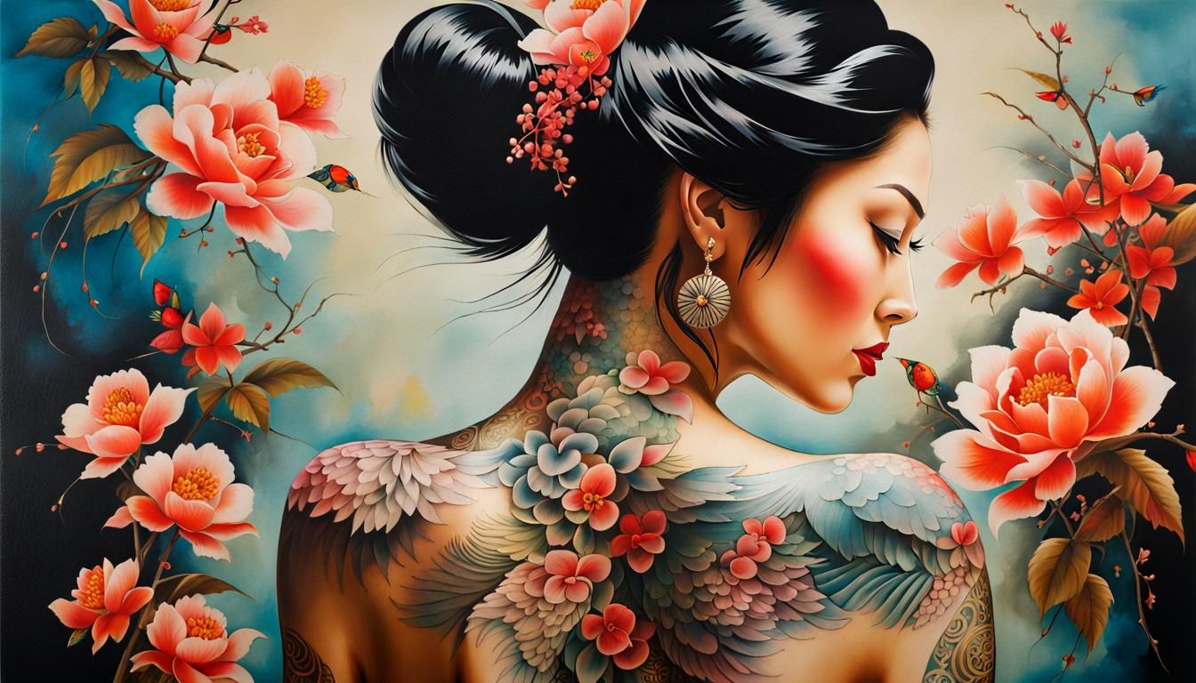 Graceful Woman with Tattoos in Oil Splash Art