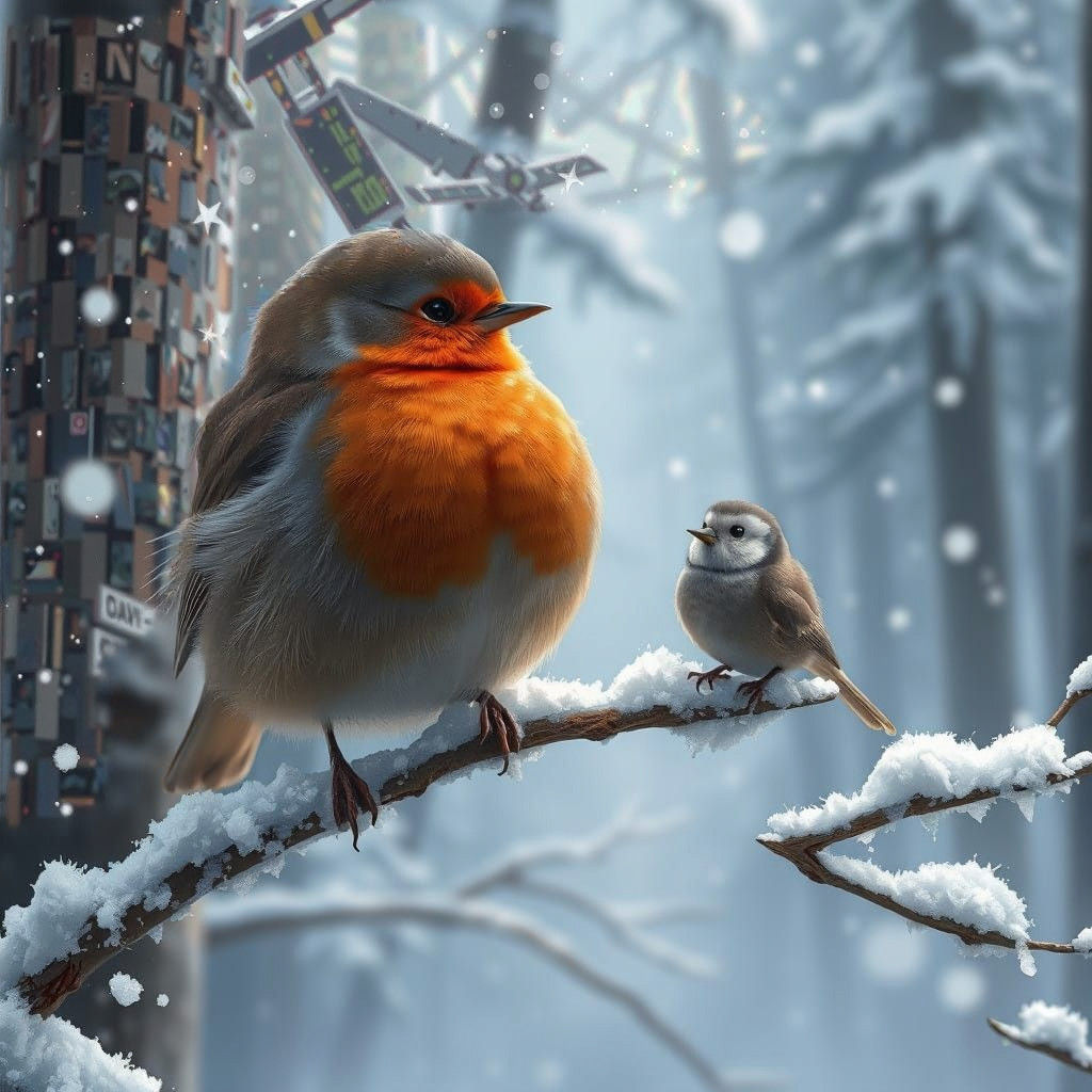 Majestic Robin Sits Serenely Amidst Snowy Branches, Surround...