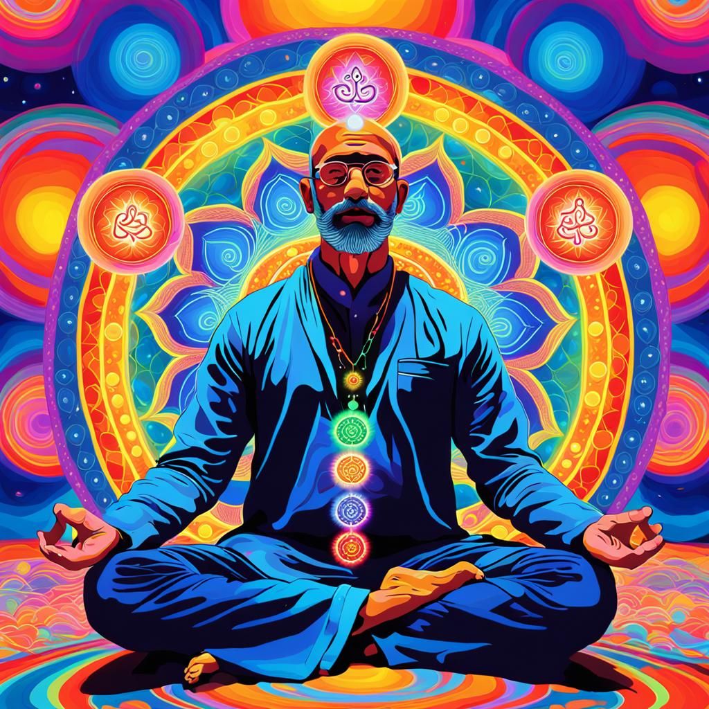 Chakra Meditation: Vibrant Digital Art in Peter Max Style