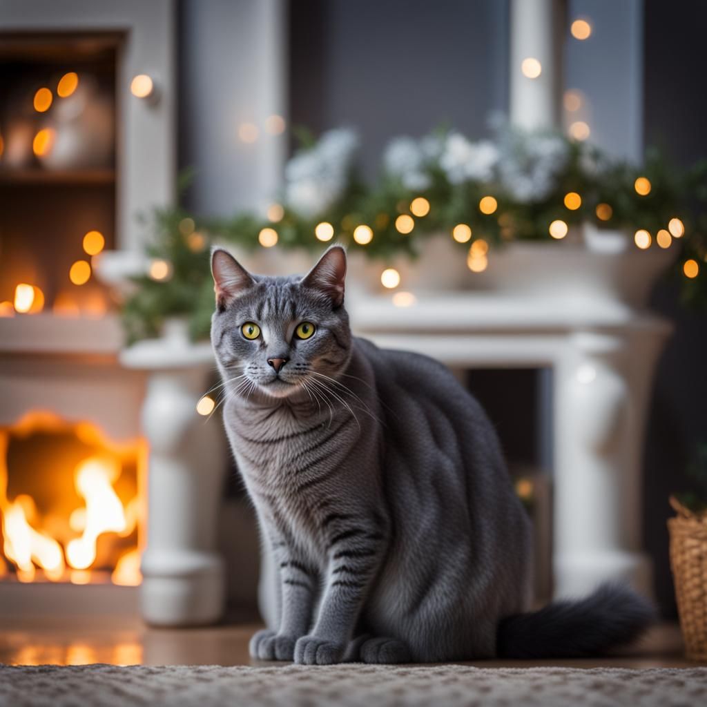 Cozy Gray Cat Lounging by Fireplace