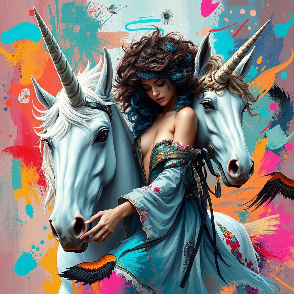 Captivating Woman Tames Unicorn in Vibrant Graffiti Dreamsca...