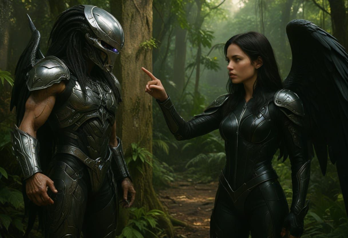 Dark Angel Scolds Alien Warrior in Jungle Compound