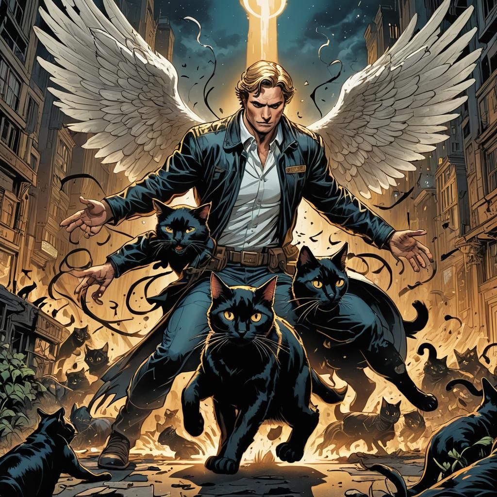 Angel Rescuing Black Cat in Comic Book Art