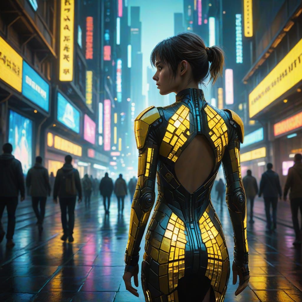 Futuristic Woman in Camouflaging LCD Dress