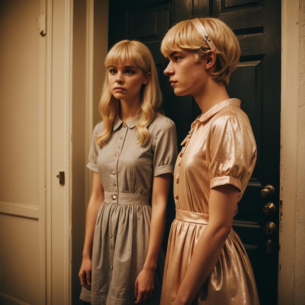 Boy in Dress at Doorway: Cinematic Film Still