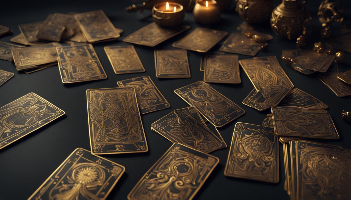 Black and Gold Tarot Cards Flatlay in Matte Painting Style