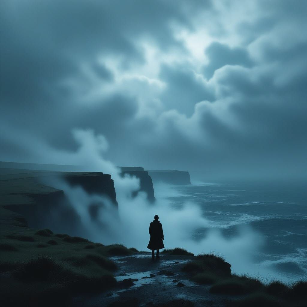 Figure on Windswept Cliff Overlooking Stormy Sea
