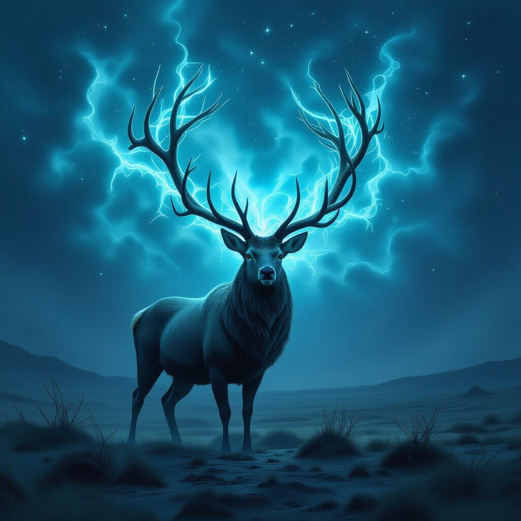 Majestic Rune-Antlered Stag in Mystical Landscape