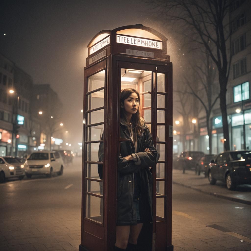 Girl in Foggy Telephone Booth at Night