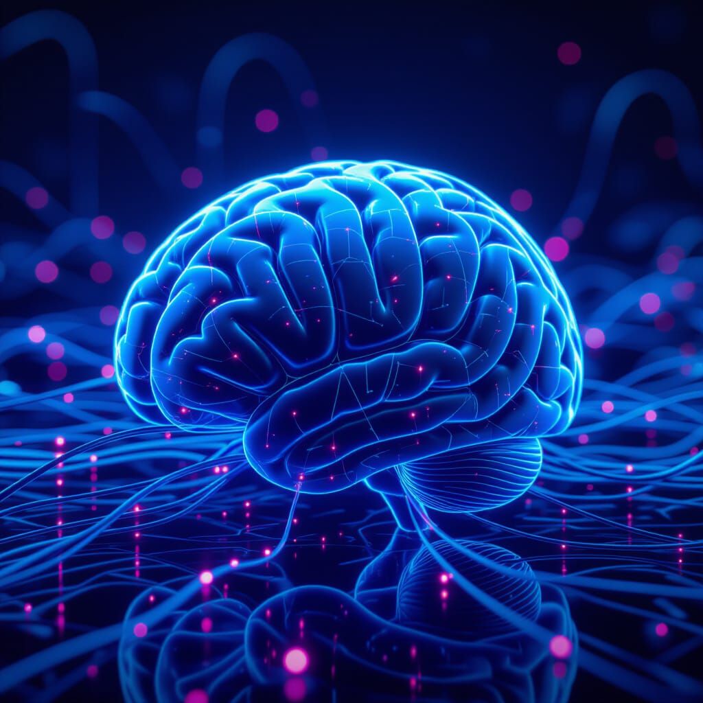 Hyperrealistic 3D Brain with Fiber Optics in Dark Void