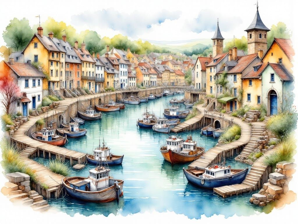 Whimsical Watercolor Fishing Village Scene
