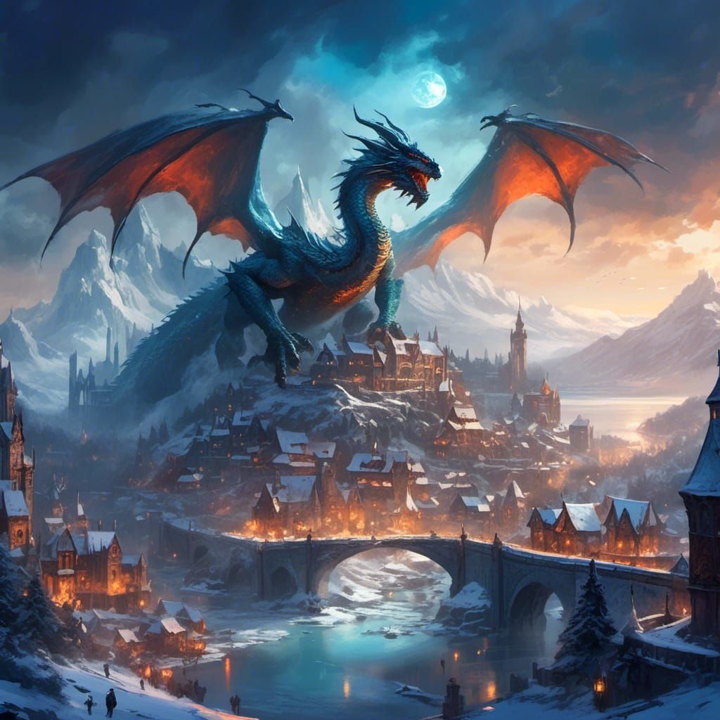 Epic Neverwinter Cityscape with Majestic Dragon Soaring in t...