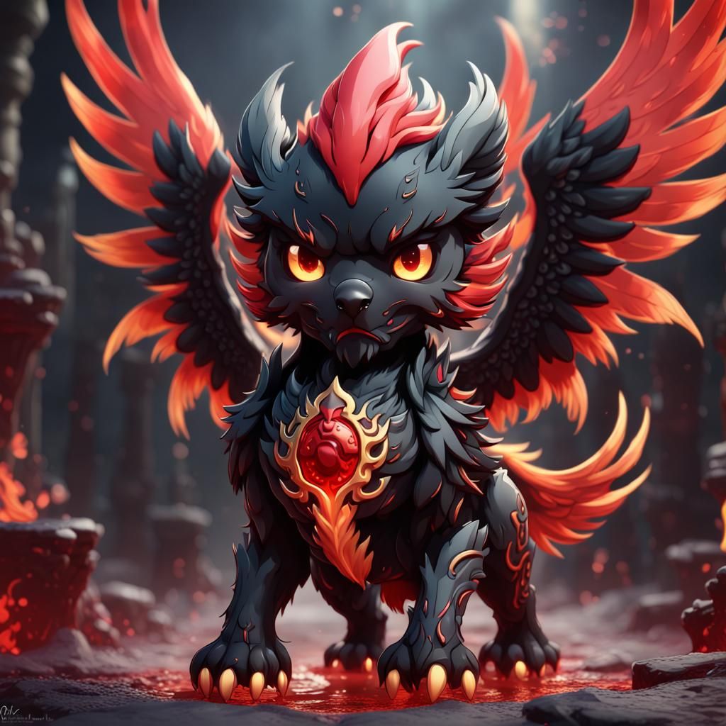 Chibi Phoenix Cerberus: Detailed Fantasy Concept Art