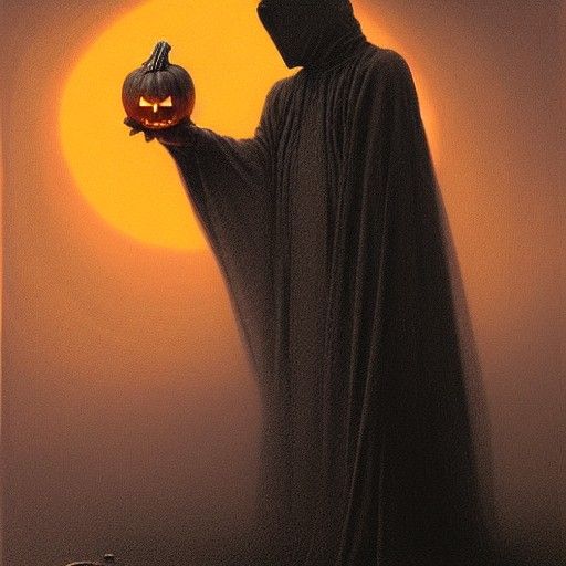 Creepy Robed Pumpkin with Potion in Dark Art Style