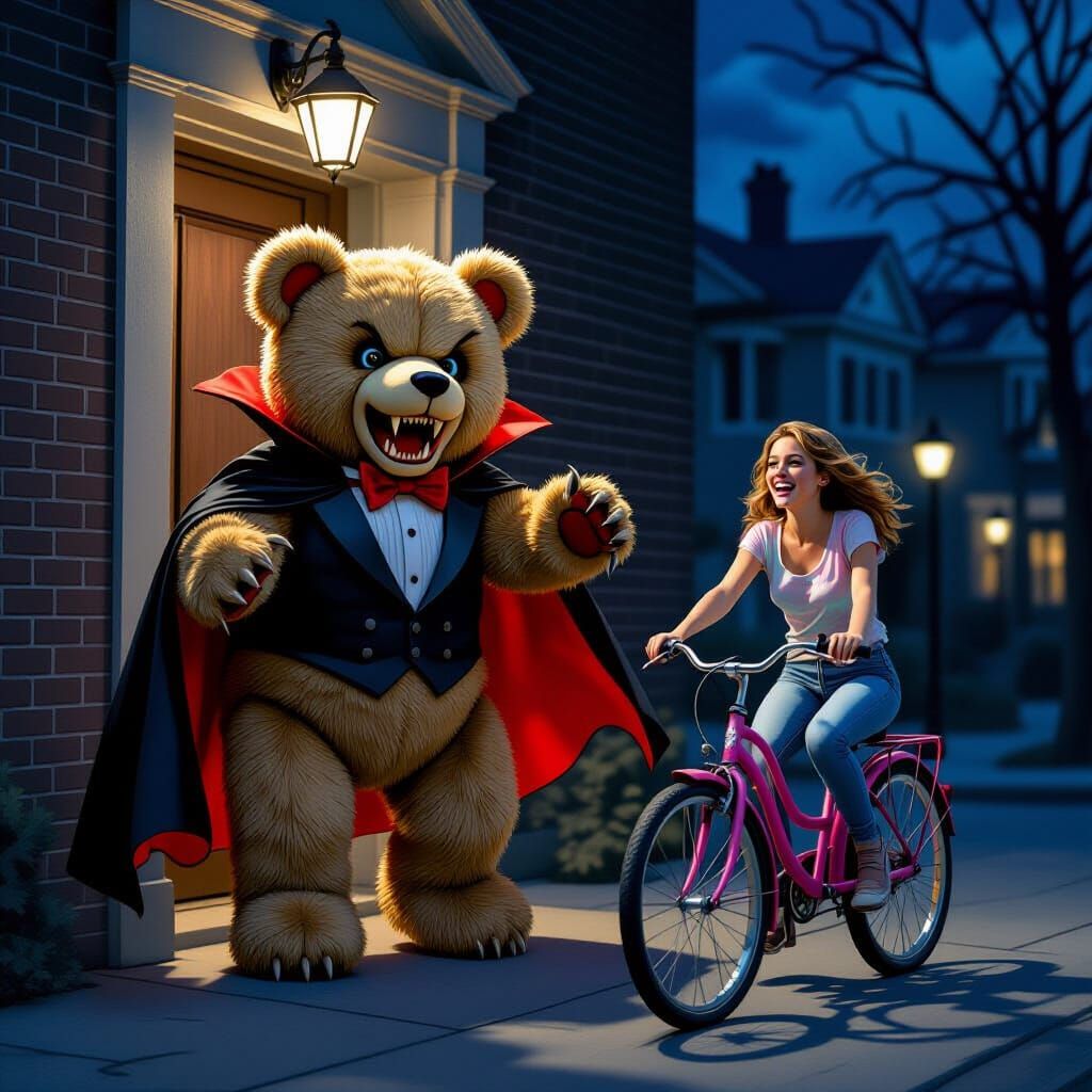 Vampire Teddy Bear Threatens Woman on Bicycle