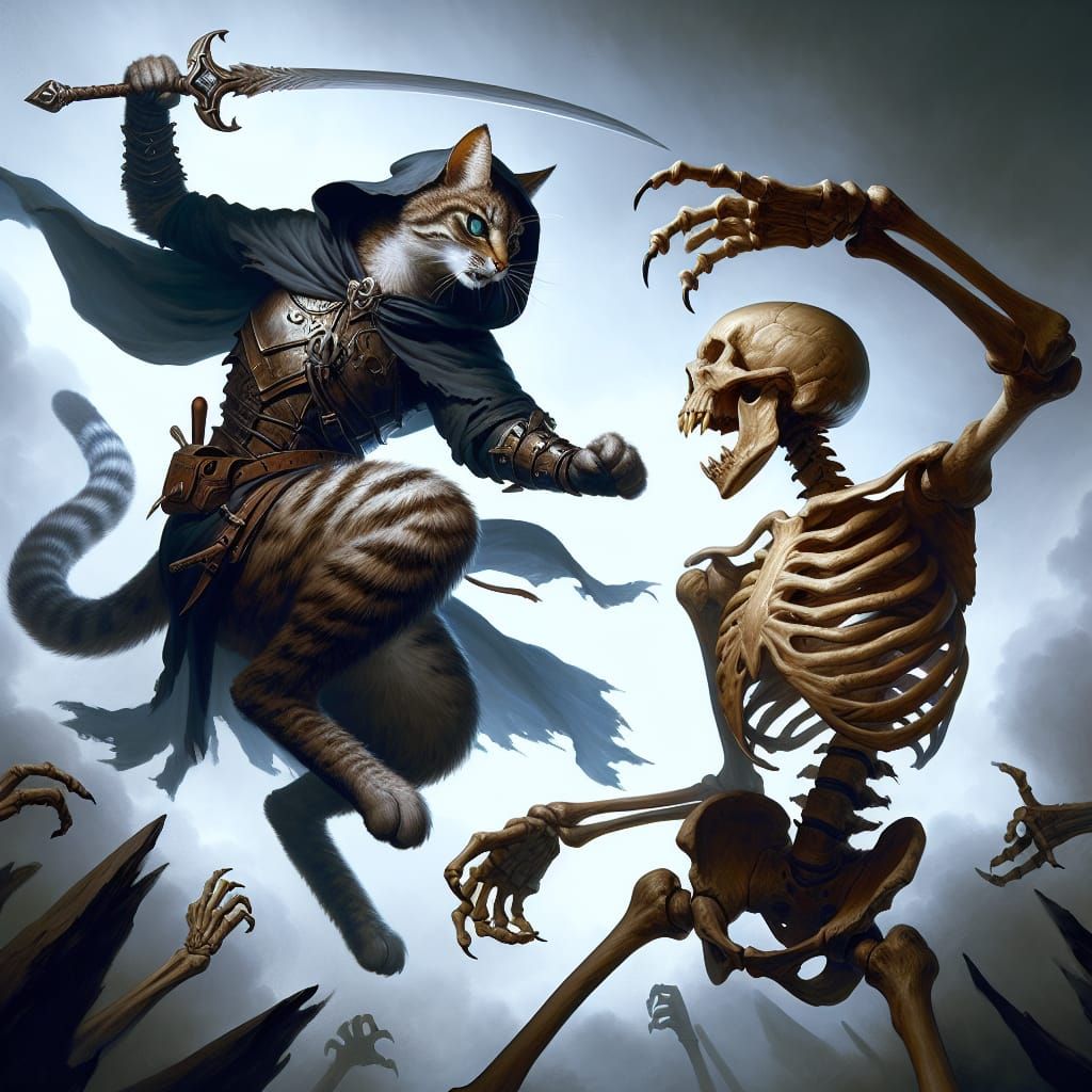 Feline Warlock Battles Skeleton in Photorealistic Style