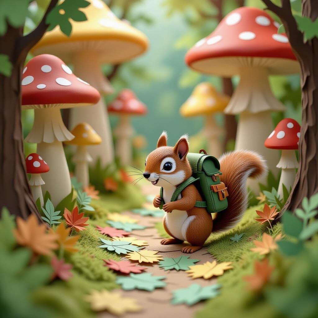 Squirrel's Papercraft Forest Adventure with Colorful Mushroo...