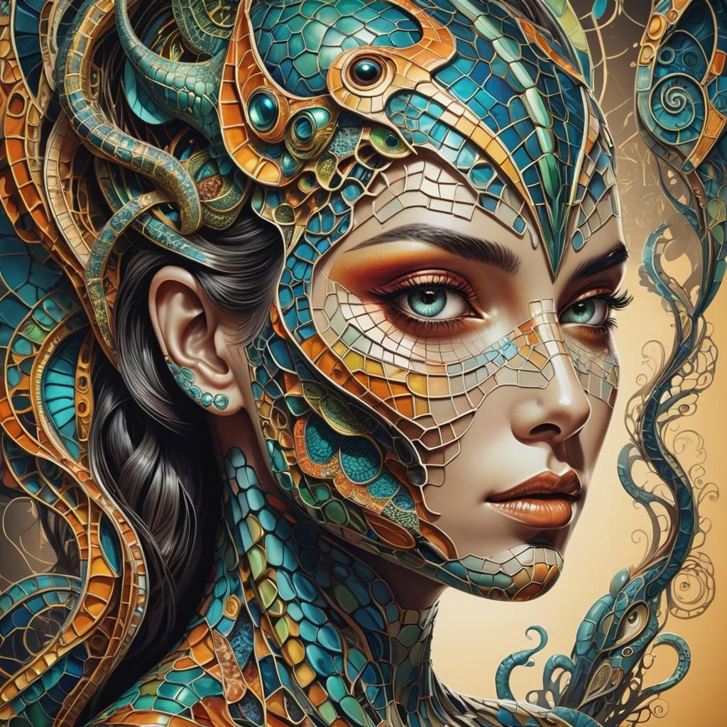 Retro-Futuristic Portrait: Woman and Reptile in Fractal Art