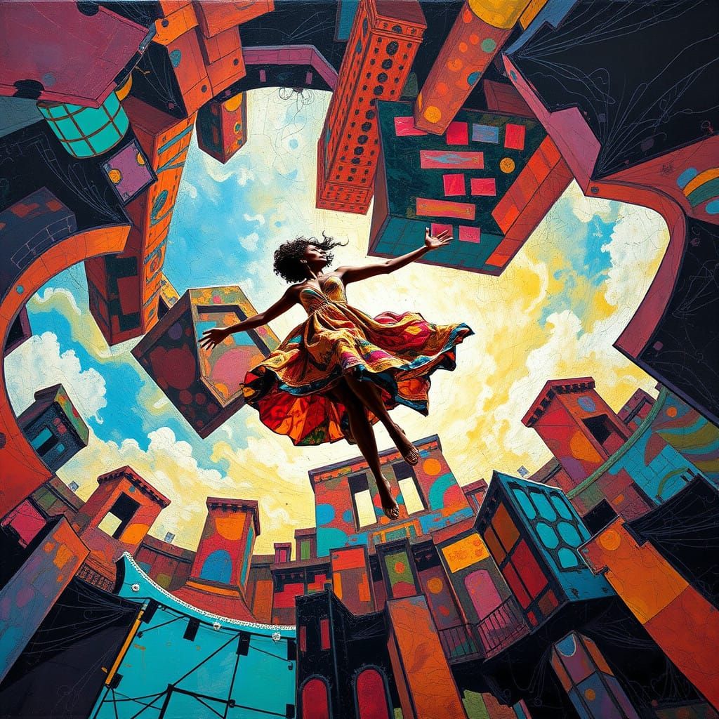 Surrealist Architectural Goddess in Vibrant, Multilayered Ae...