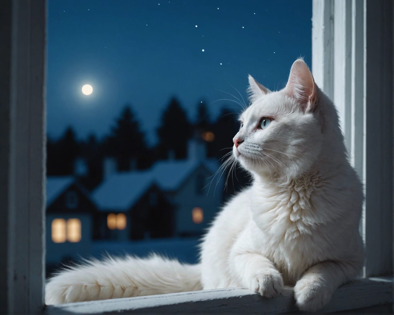 White Cat in Blue Moonlight Window