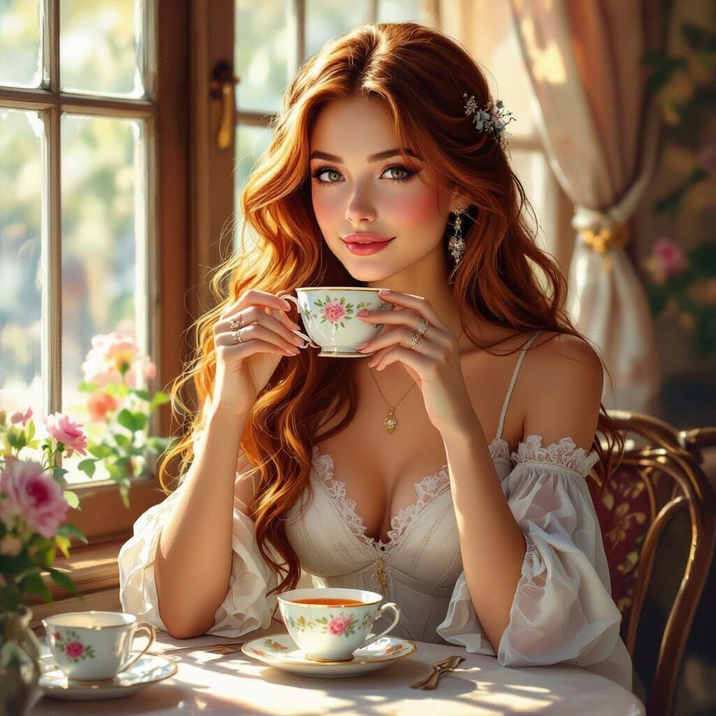 Woman in Sunlit Tea Room, Art Nouveau Style