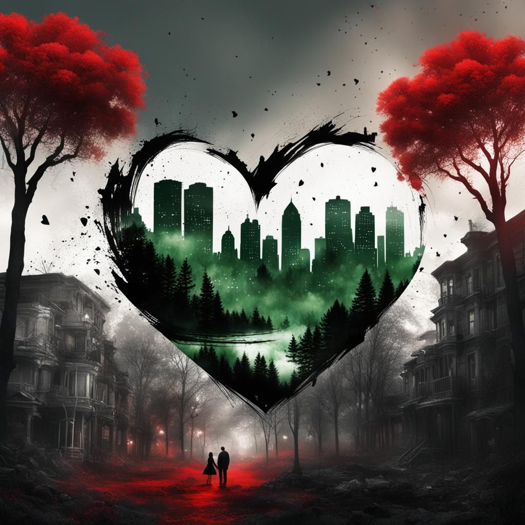 Heart with Trees and Couple in Digital Painting