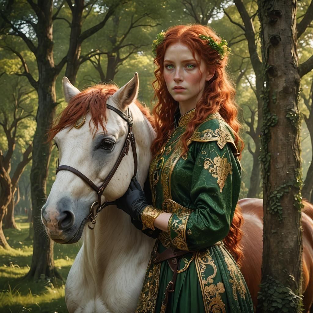 Red-Haired Girl with Pony in Woodland, Klimt Style