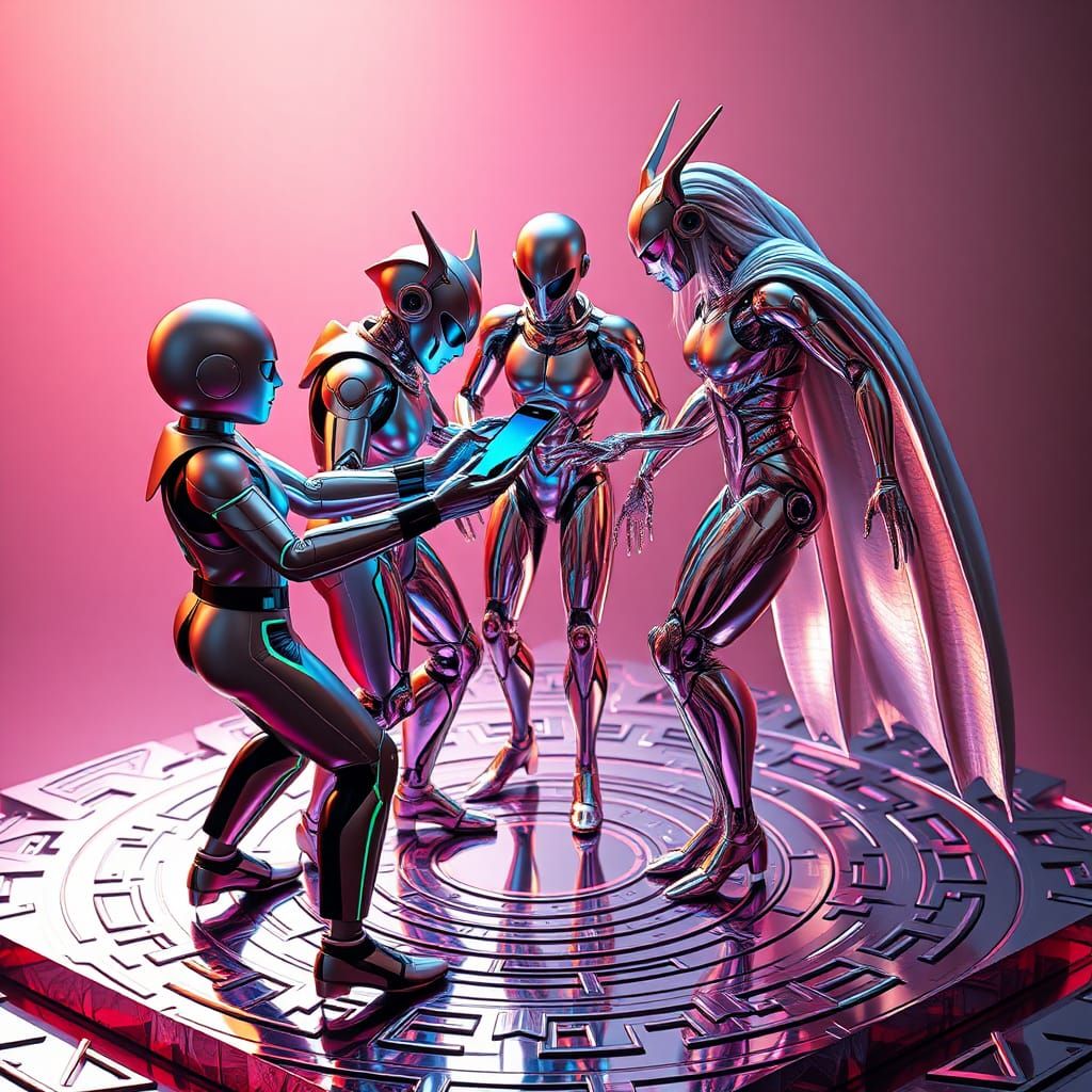 Androids Clash Over Phone in Futuristic 3D Art