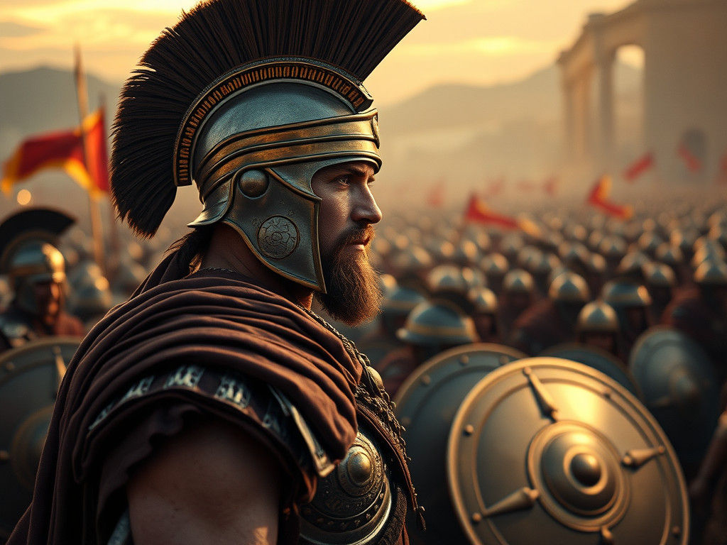 Regal Warrior Confronts Trojan Army: A Cinematic Battle