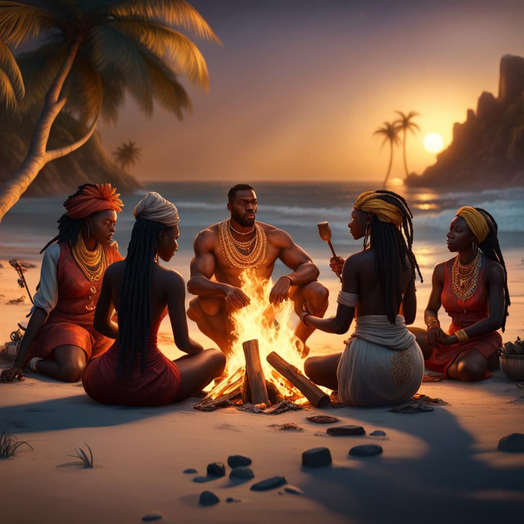 Orishas Around a Campfire: Fantasy Concept Art